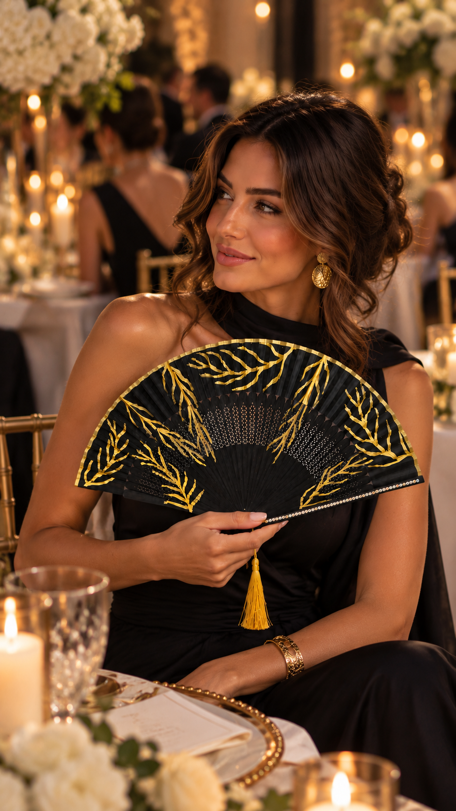 🖤✨ Hand-Painted Black Fan – Golden Leaves & Crystal Details