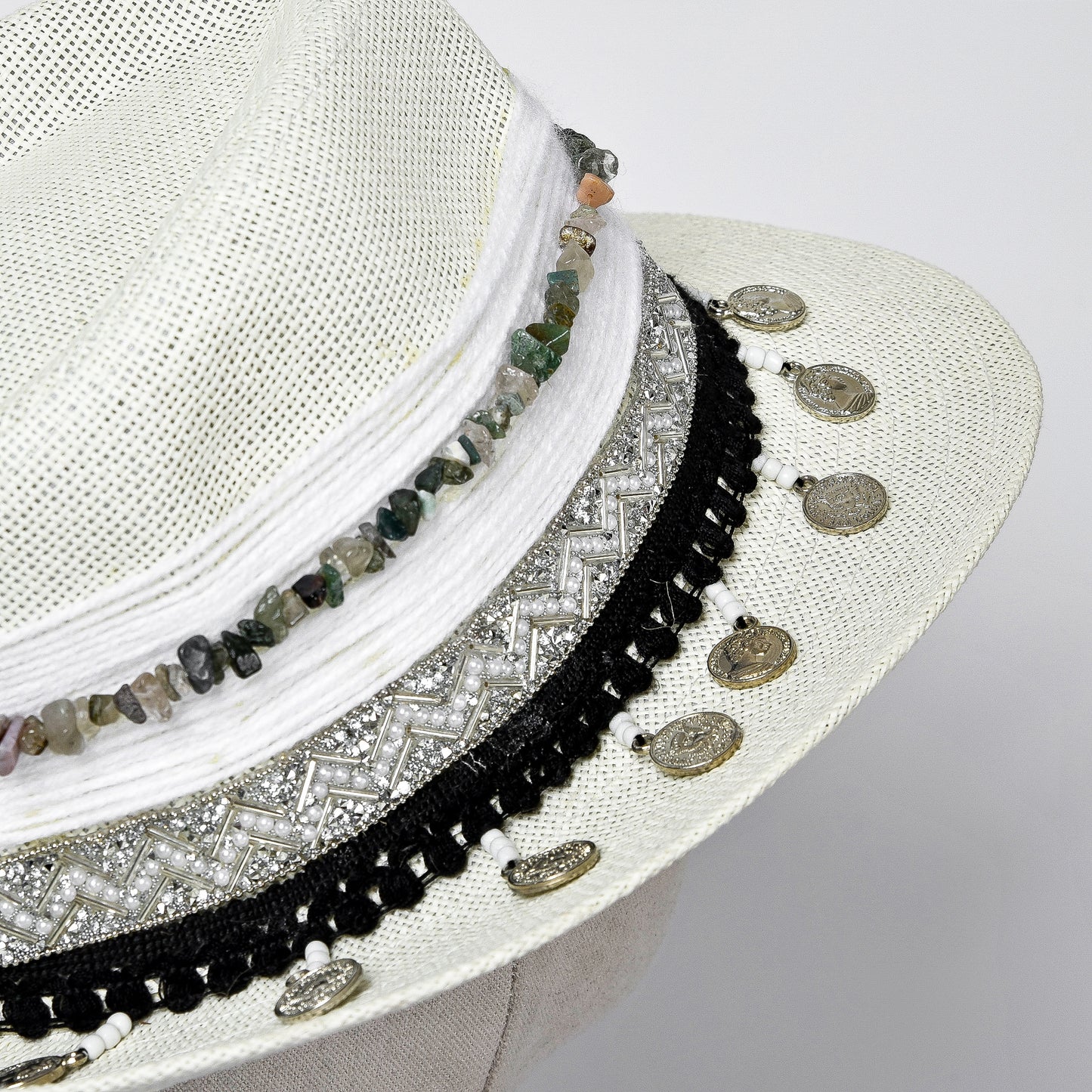 Black & White Embellished Hat with Silver Coins