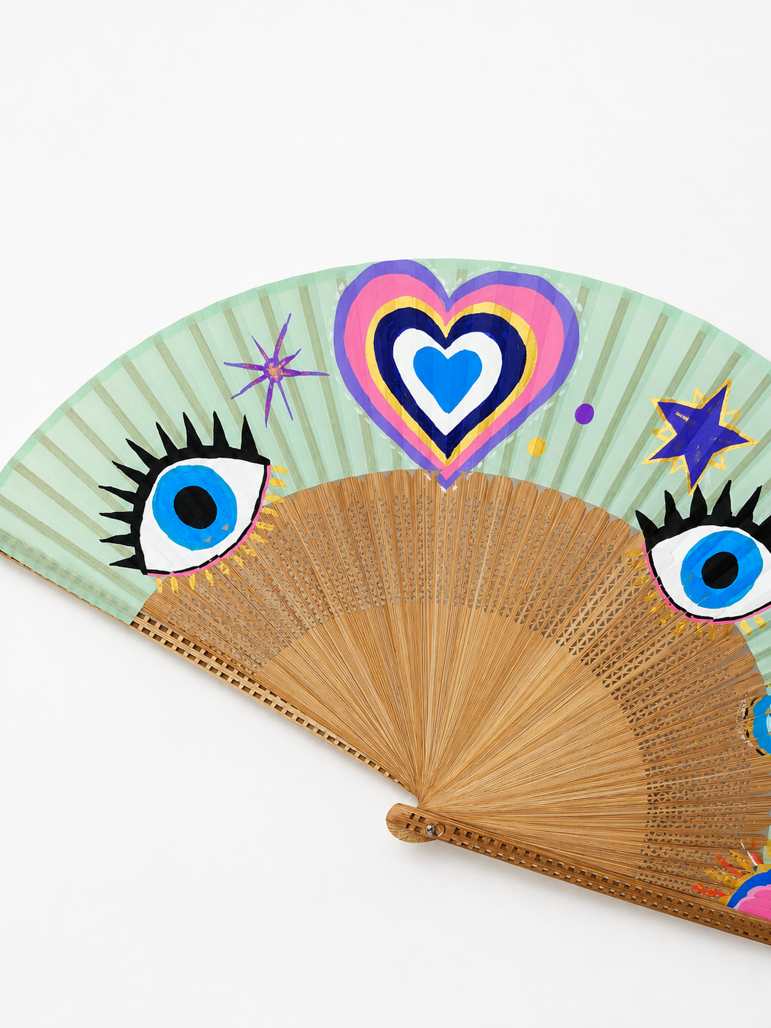💜 Hand-Painted Evil Eye & Hearts Fan