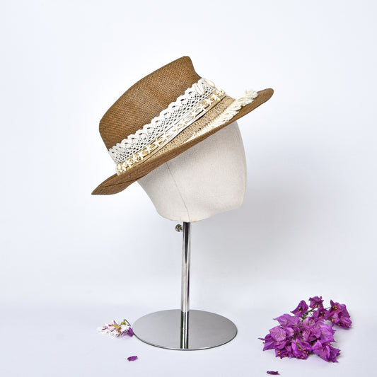 Beige & Off-White Embellished Hat