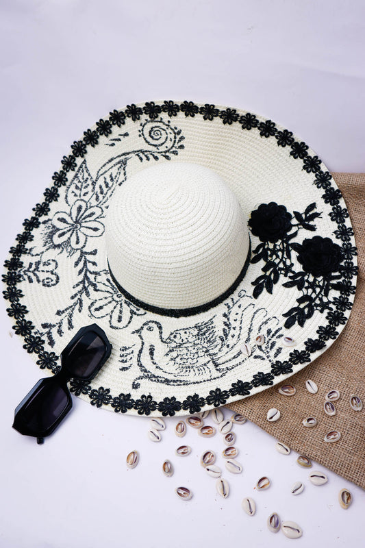 Big Straw with White Flowers and Black Lace Hat