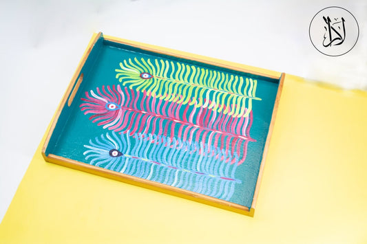 Peacock Feather – Blue - Wooden Tray (40x30 cm)