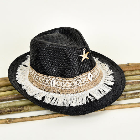 Black With Beige Embellishment Hat