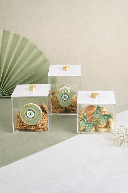 Pistach Embossed Eyes, Fatima Hands and Butterflies Handmade Plexi Boxes Set of 3