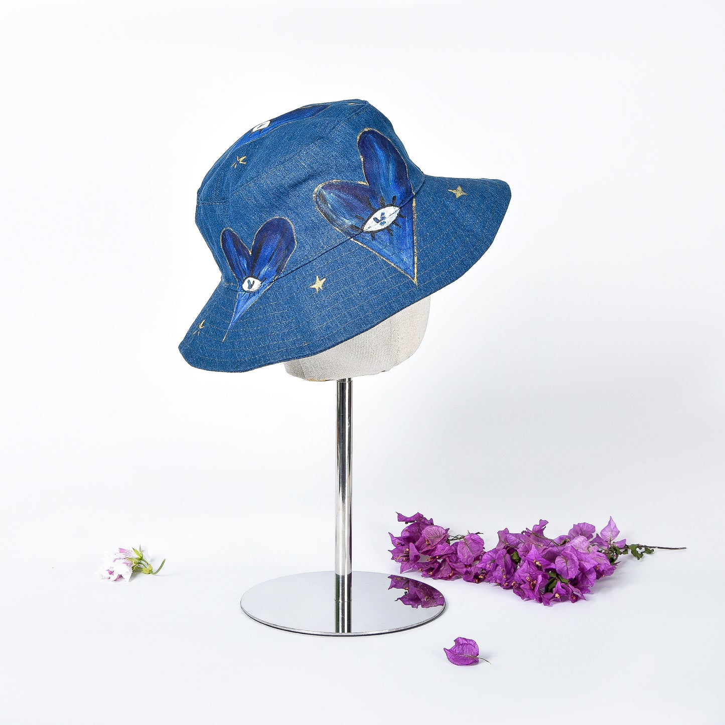 Painted Dark Blue Denim Fisherman Hat with Hearts & Eyes with Rhinestones