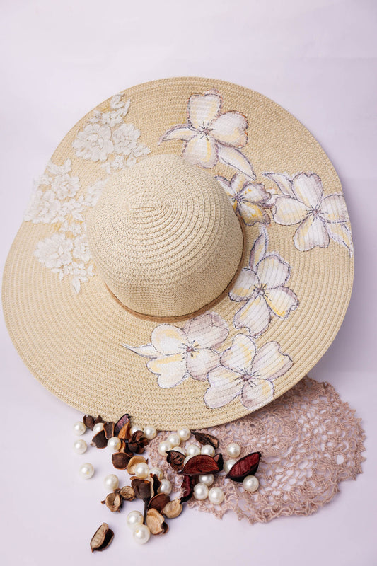 Big Straw with White Flowers and Lace Hat
