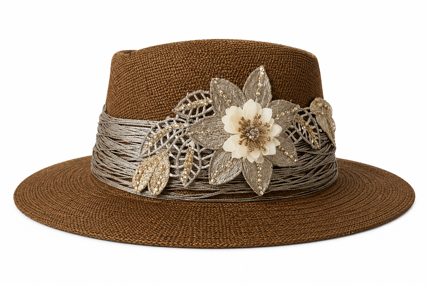 🌟 Handmade Brown Hat with Golden Embellishment Big Flower
