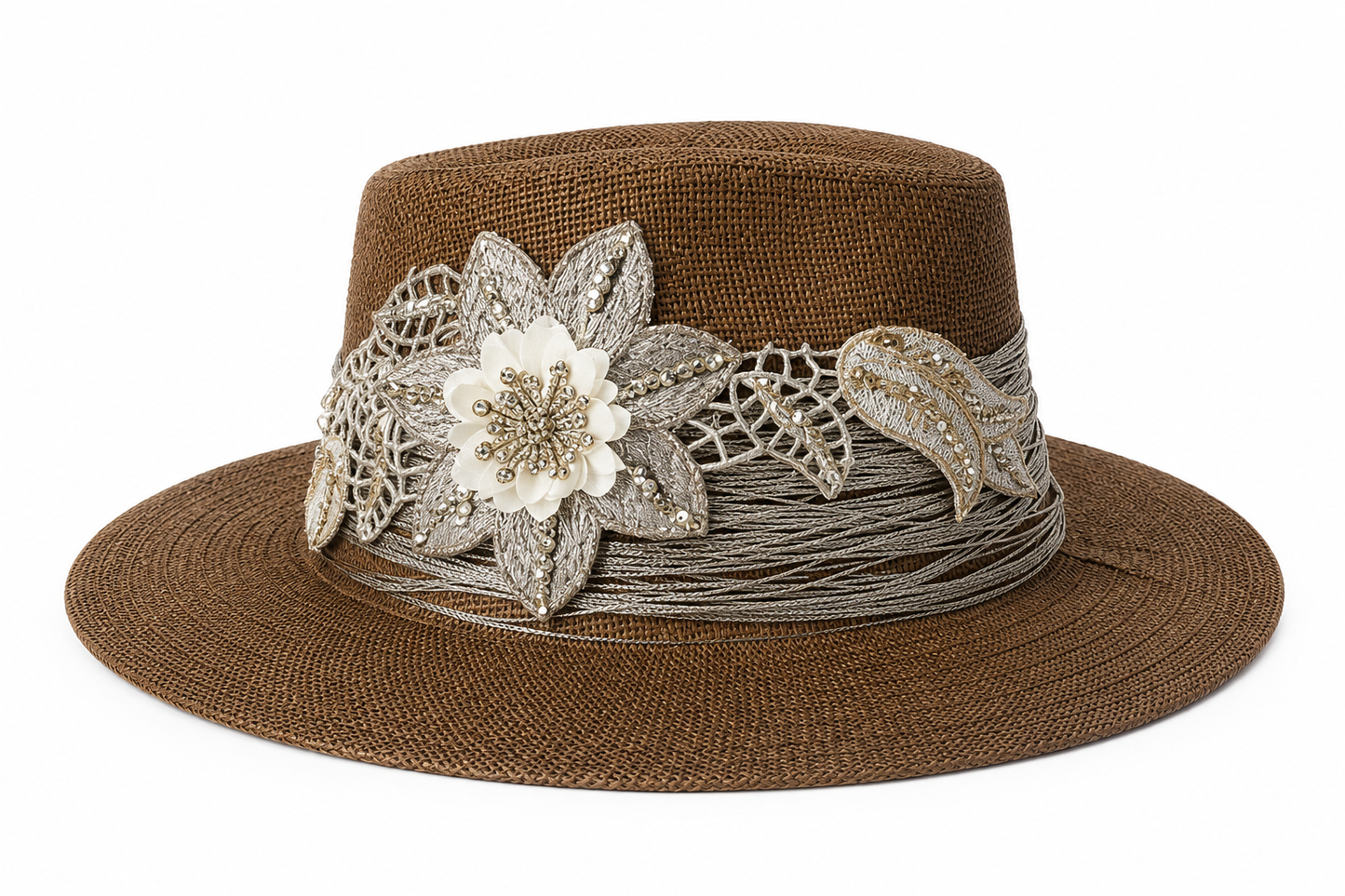 🌟 Handmade Brown Hat with Golden Embellishment Big Flower