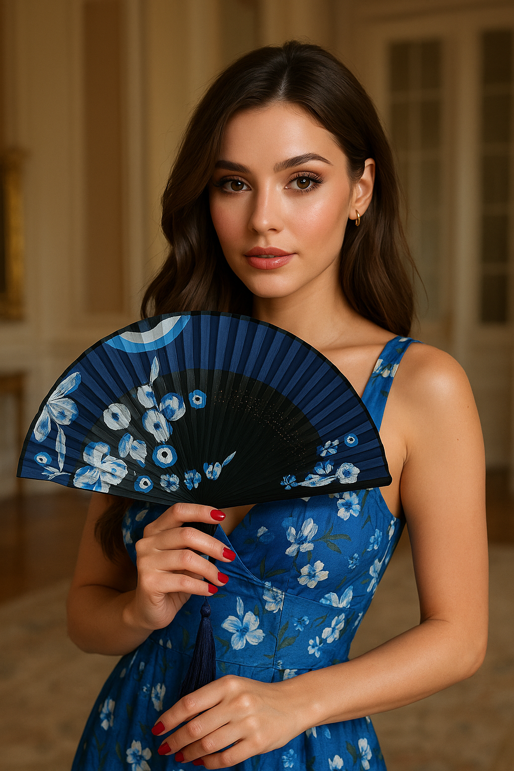 💙 Hand-Painted Fan – Blue Evil Eye & Butterfly Design