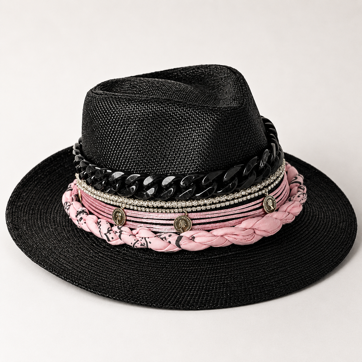 🖤 Handmade Black Straw Hat – Blush Pink Braided Band
