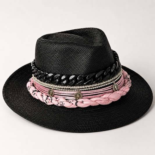 🖤 Handmade Black Straw Hat – Blush Pink Braided Band