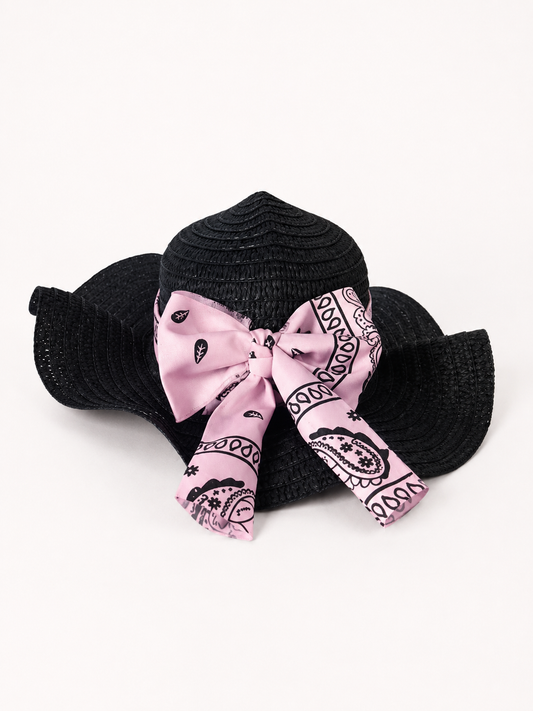 🖤 Handmade Summer Straw Hat – Black & Blush Pink Bandana Bow