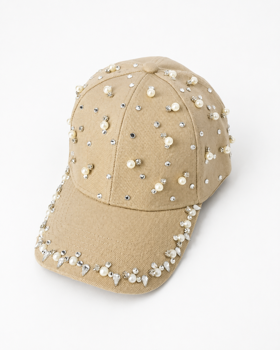 🤍 Handmade Beige Cap – Pearls & Crystal Embellishments
