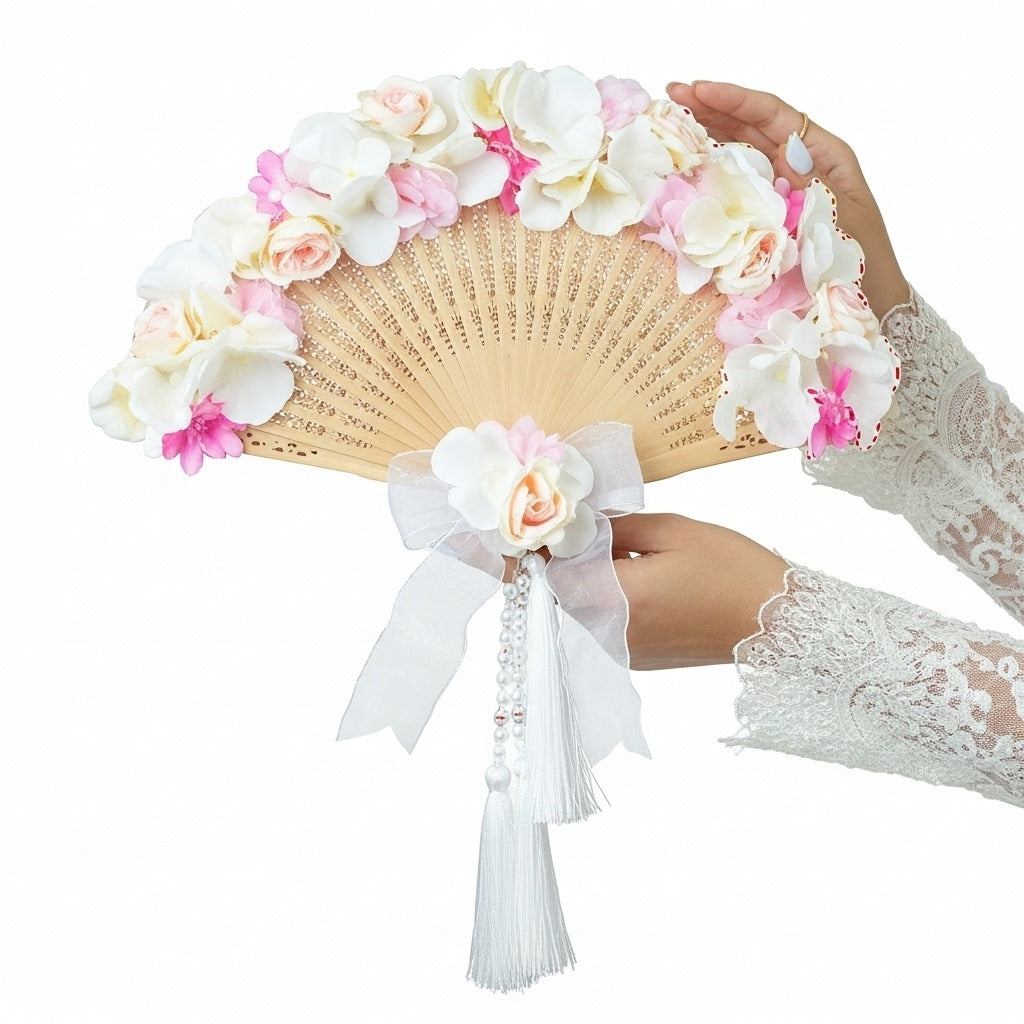 Bridal Fans – Pink Roses & Hydrangeas