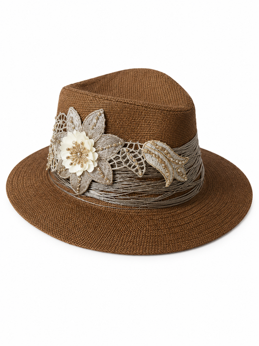 🌟 Handmade Brown Hat with Golden Embellishment Big Flower