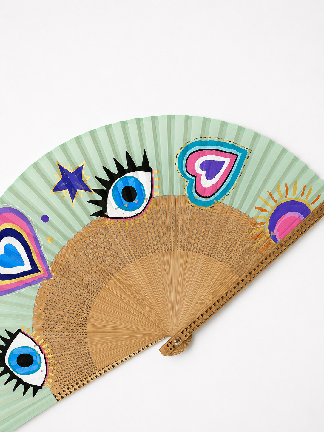 💜 Hand-Painted Evil Eye & Hearts Fan