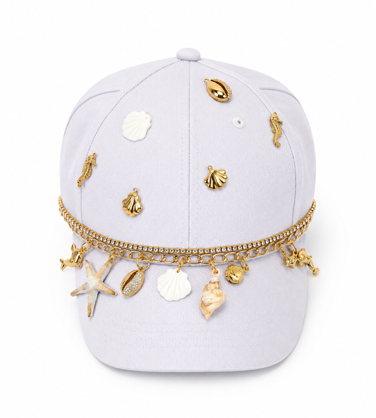🤍 Handmade White Cap – Golden Chain & Sea Life Charms