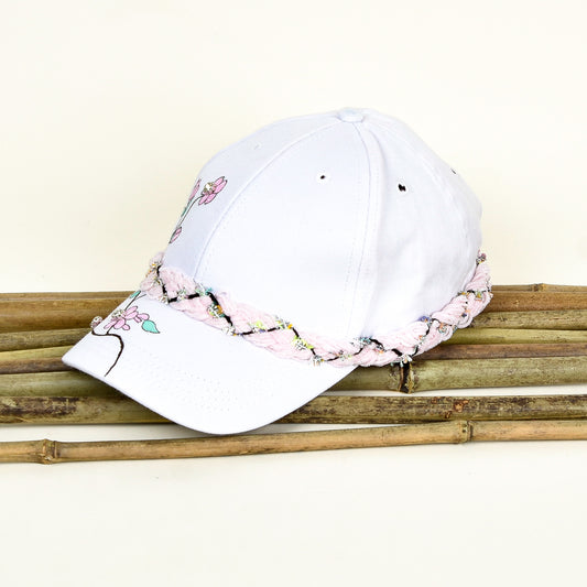 White & Pink Hand Painted Cap with Rhinestones