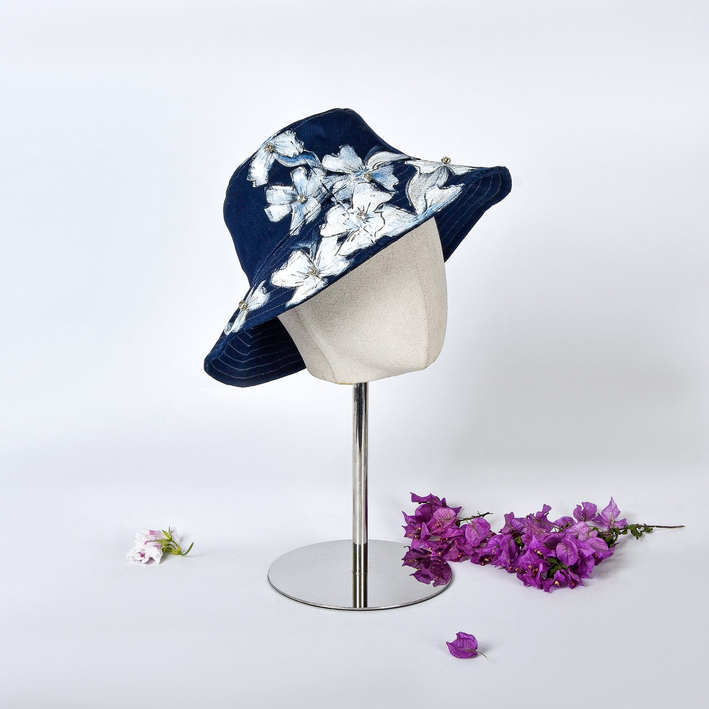 Painted Dark Blue Denim Fisherman Hat with White Flowers & Rhinestones