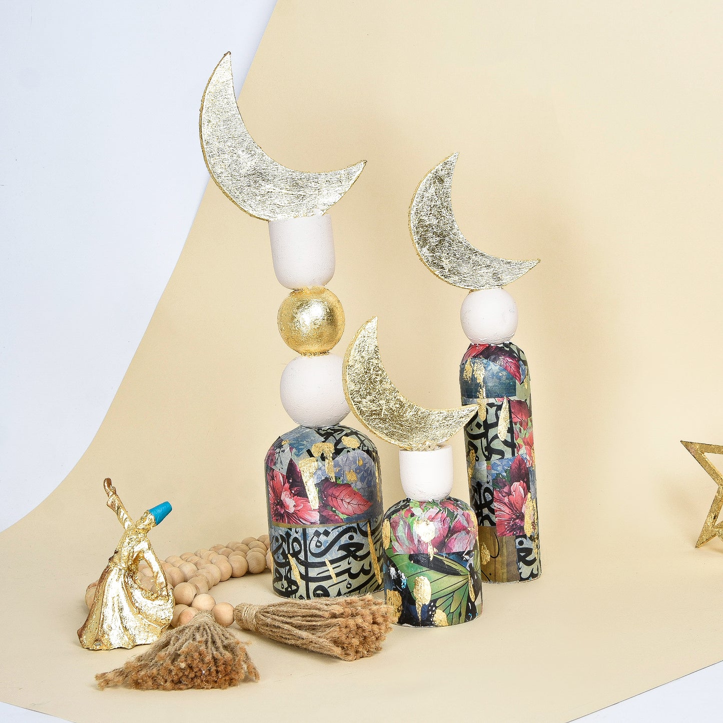 Off White & Gold Khayamiah Wooden Crescent – Set of Three