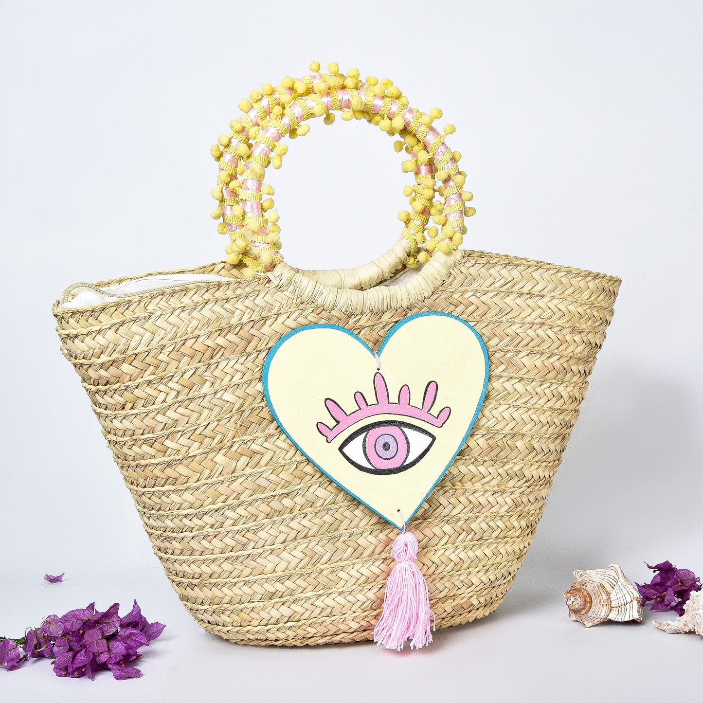 Straw Embellished Beach Bag with Yellow Heart