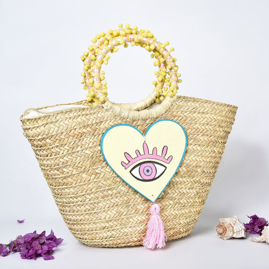 Straw Embellished Beach Bag with Yellow Heart