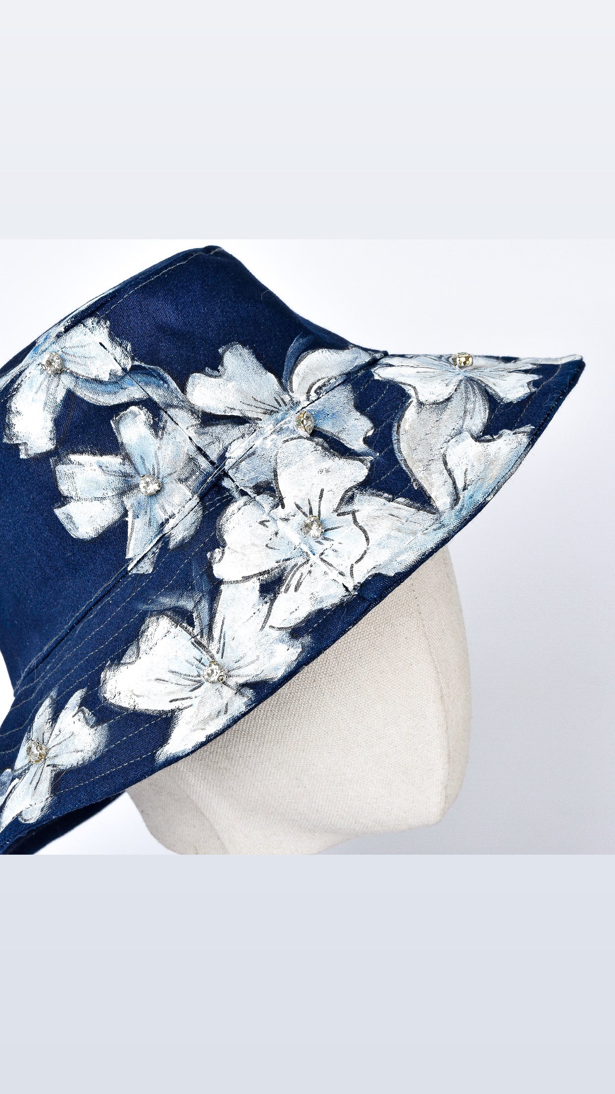 Painted Dark Blue Denim Fisherman Hat with White Flowers & Rhinestones