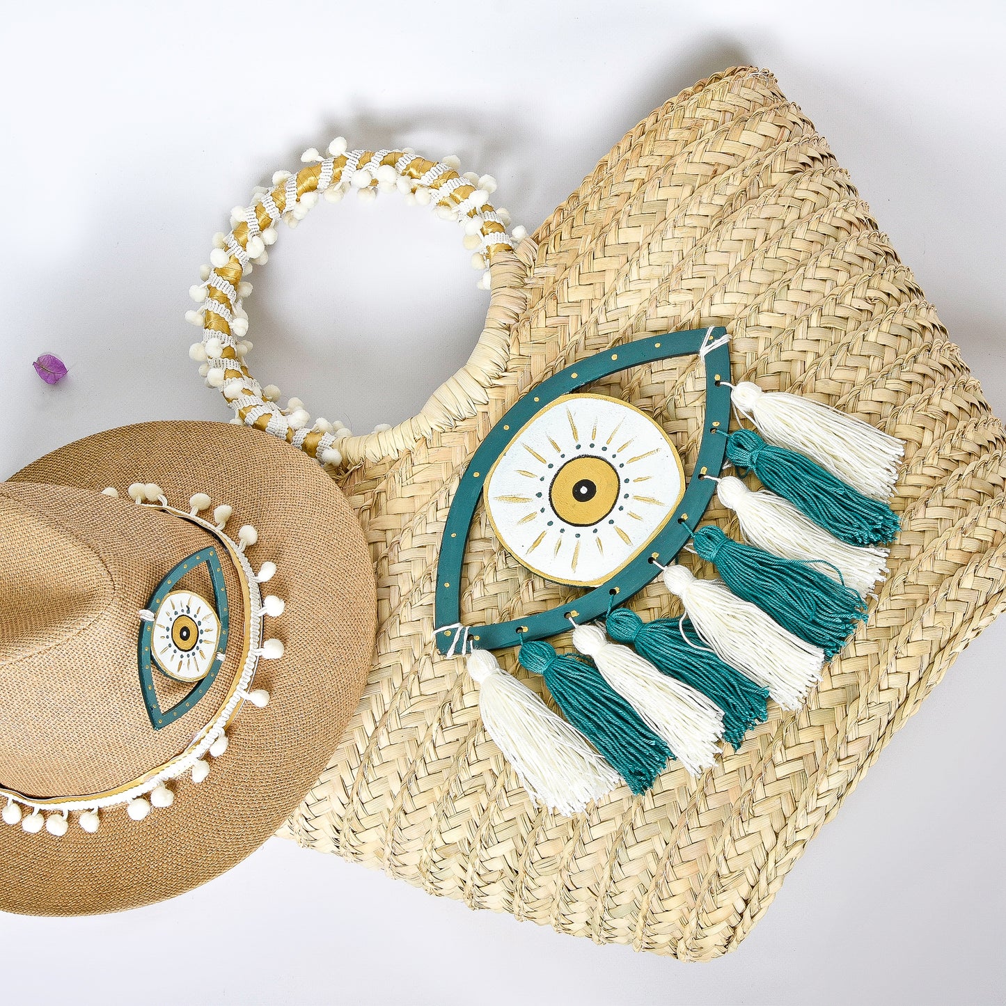 Straw Embellished Beach Bag with Teal Eye