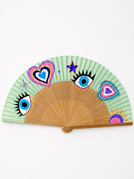 💜 Hand-Painted Evil Eye & Hearts Fan
