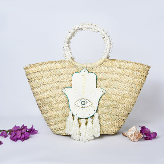 Straw Embellished Beach Bag with Off White Fatima Hand