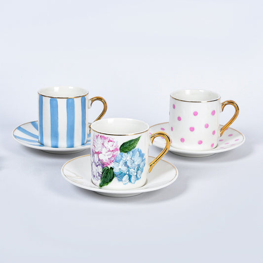 Hydrangea with Dots and Stripes Turkish Coffee Cups with Saucers Set of Six