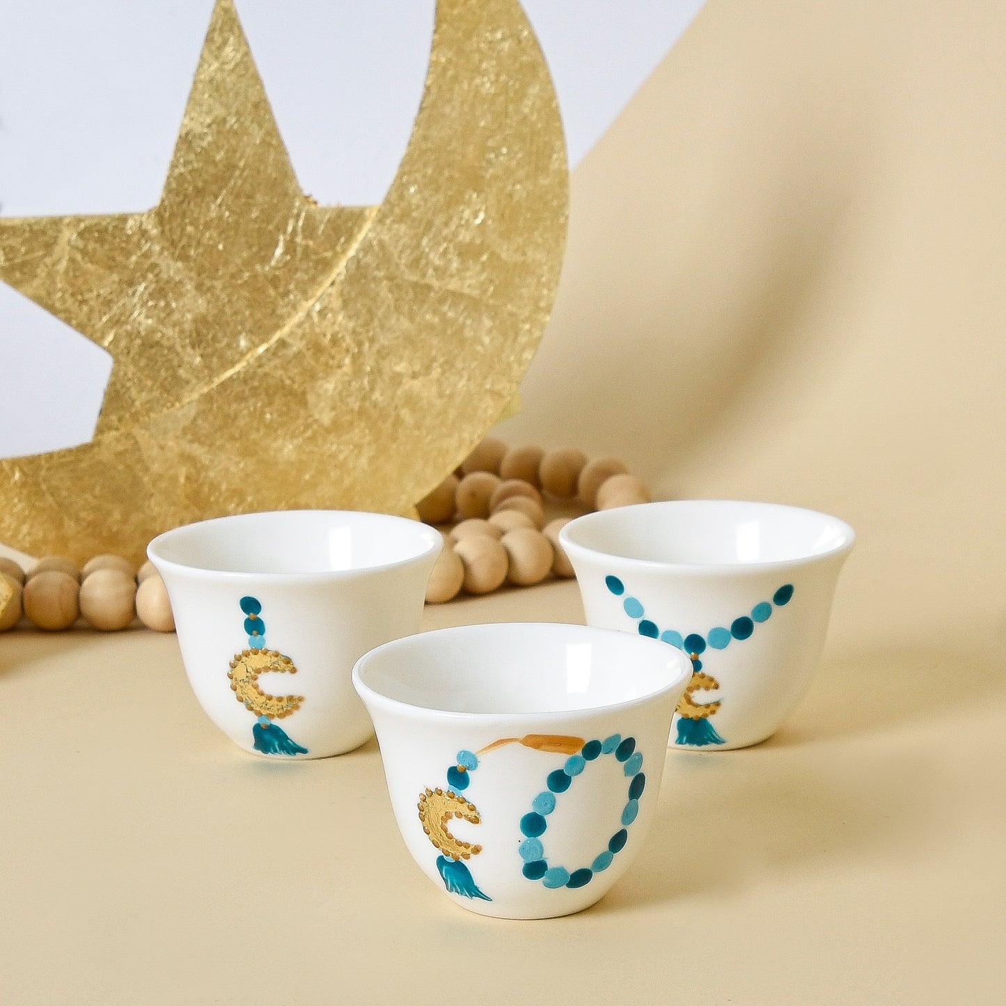 Blue Beaded Crescent with Gold Leaf – Arabic Coffee Cups Set of Six