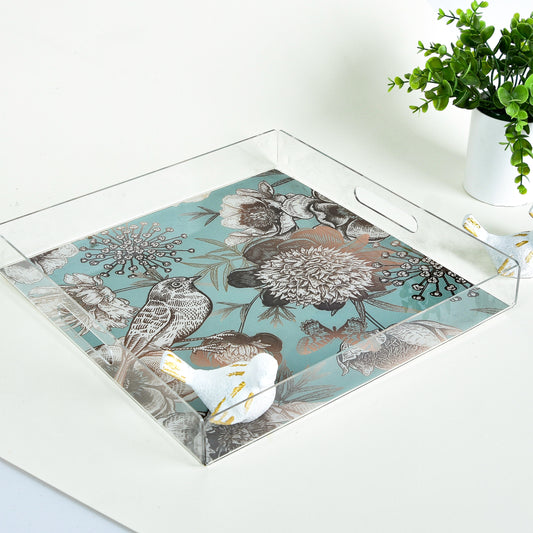 Bird & Flower Gold Accents – Acrylic Tray (30x30 cm)