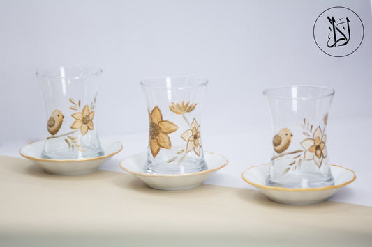 Bird & Flower Gold Accents – Tea Cups with Saucers (Set of 6)