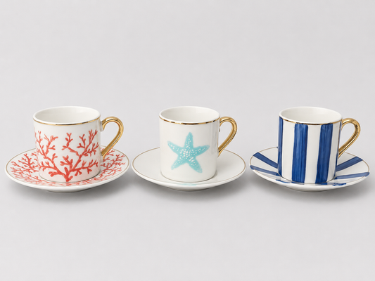 Mediterranean Sea Life Turkish Coffee Cups with Saucers Set of Six