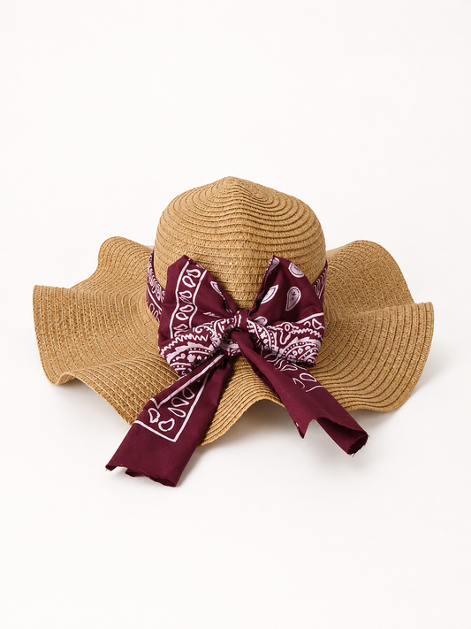 🤎 Handmade Summer Straw Hat – Burgundy Bandana Bow