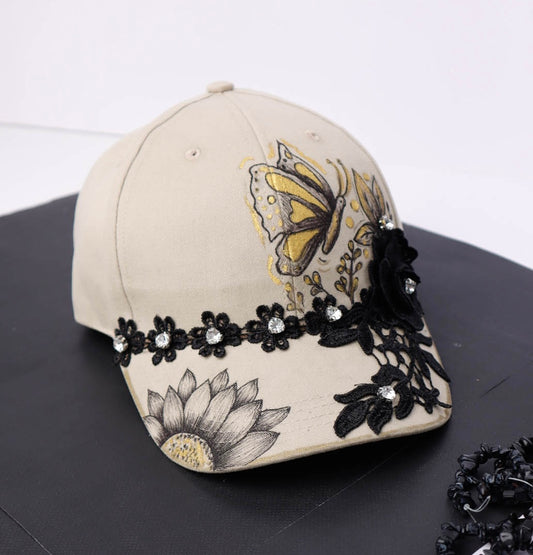 Hand Painted Beige Cap with Black Lace & Rhinestones