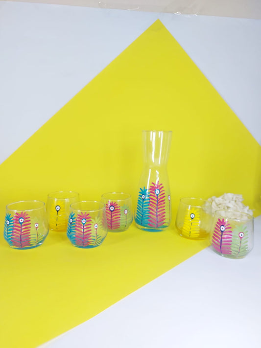 Three Feathers Hand-Painted Water Cup & Carafe Set