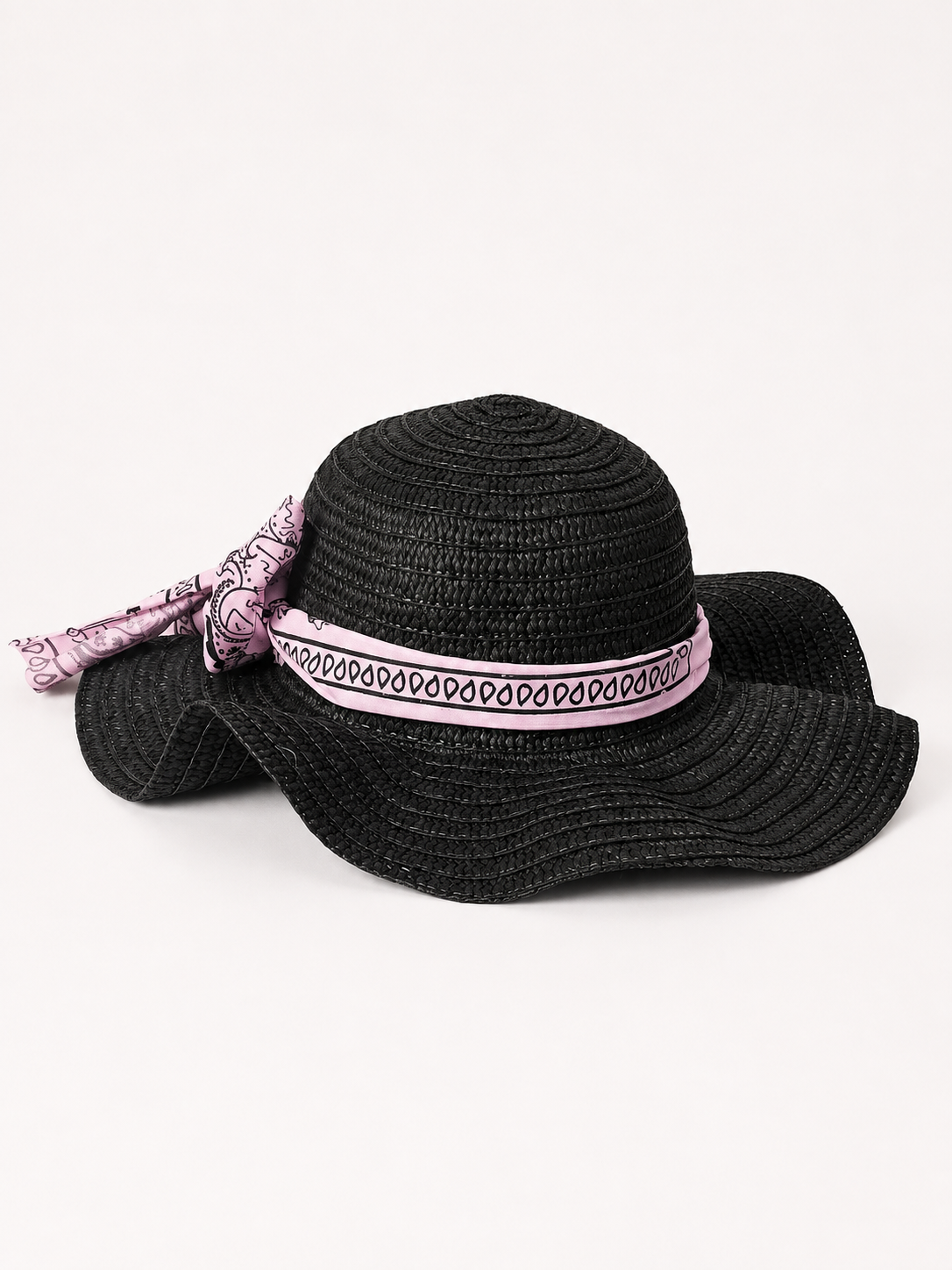 🖤 Handmade Summer Straw Hat – Black & Blush Pink Bandana Bow
