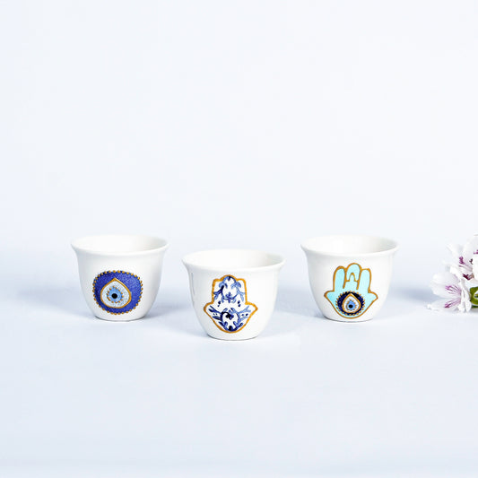 Blue Fatima Hands & Eyes Arabic Coffee Cups Set of Six