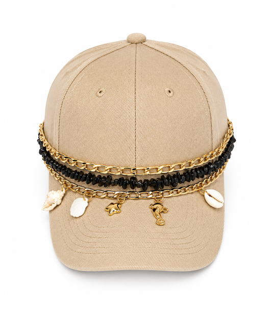 🤍 Handmade Beige Cap – Black Beads, Golden Chains & Seashell Charms