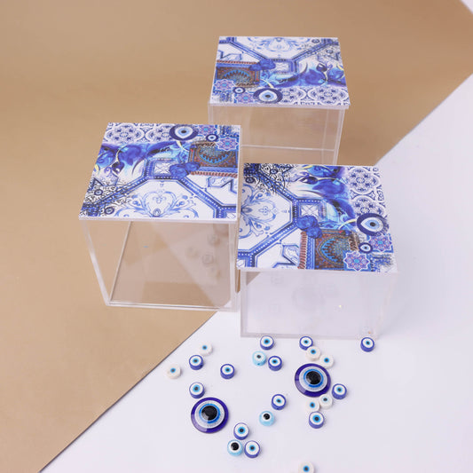 Blue Fatima Hands & Eyes Boxes Set of 3 10X10X10CM 10X10X8CM 10X10X12CM