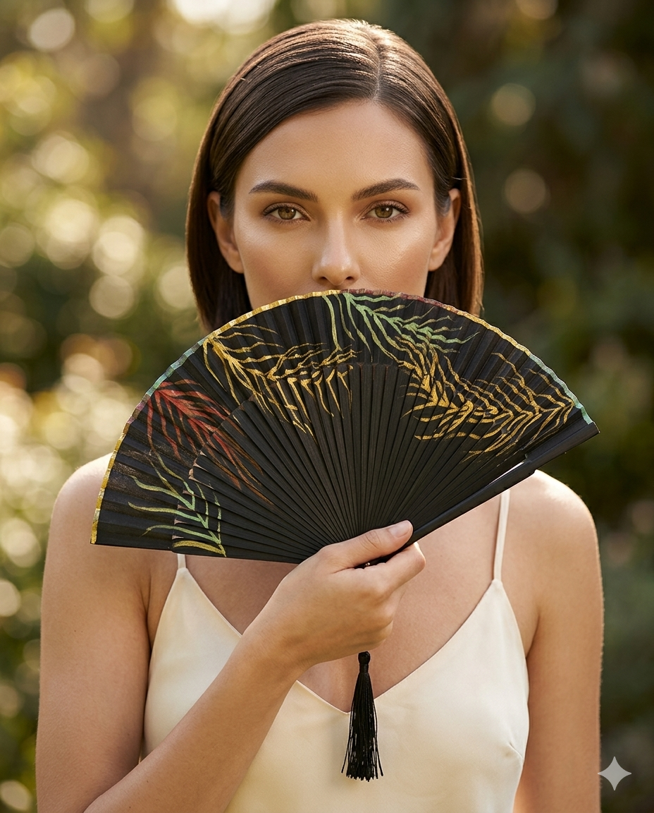 Hand-Painted Fan – Rainbow & Gold Design