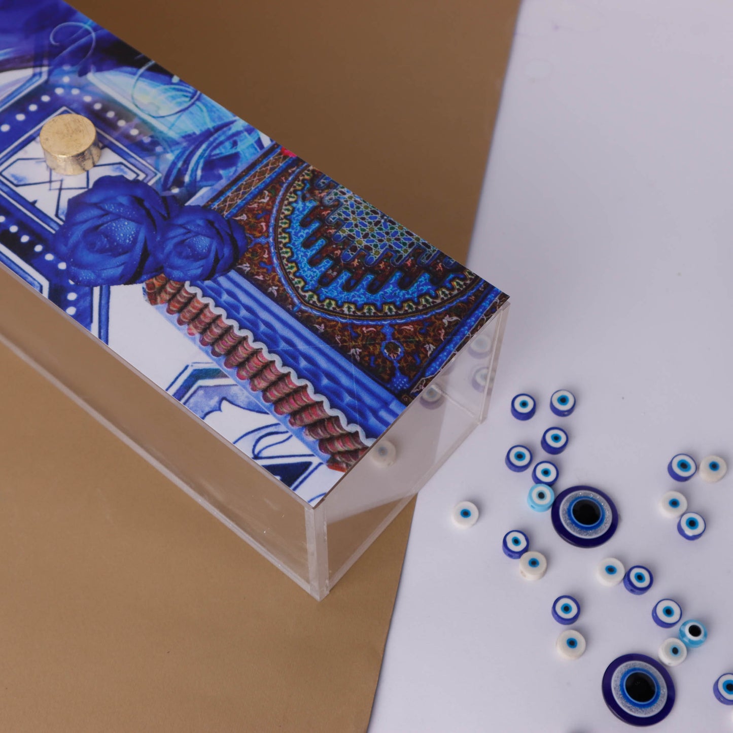 Blue Fatima Hands & Eyes Plexi Box 30X10CM