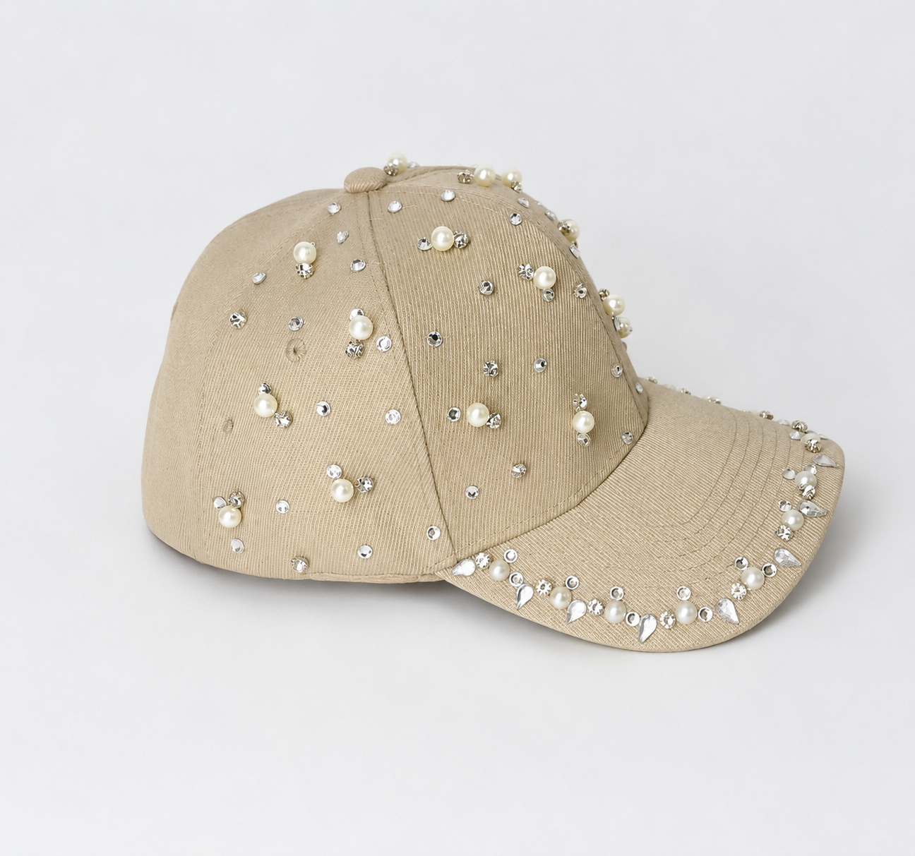 🤍 Handmade Beige Cap – Pearls & Crystal Embellishments
