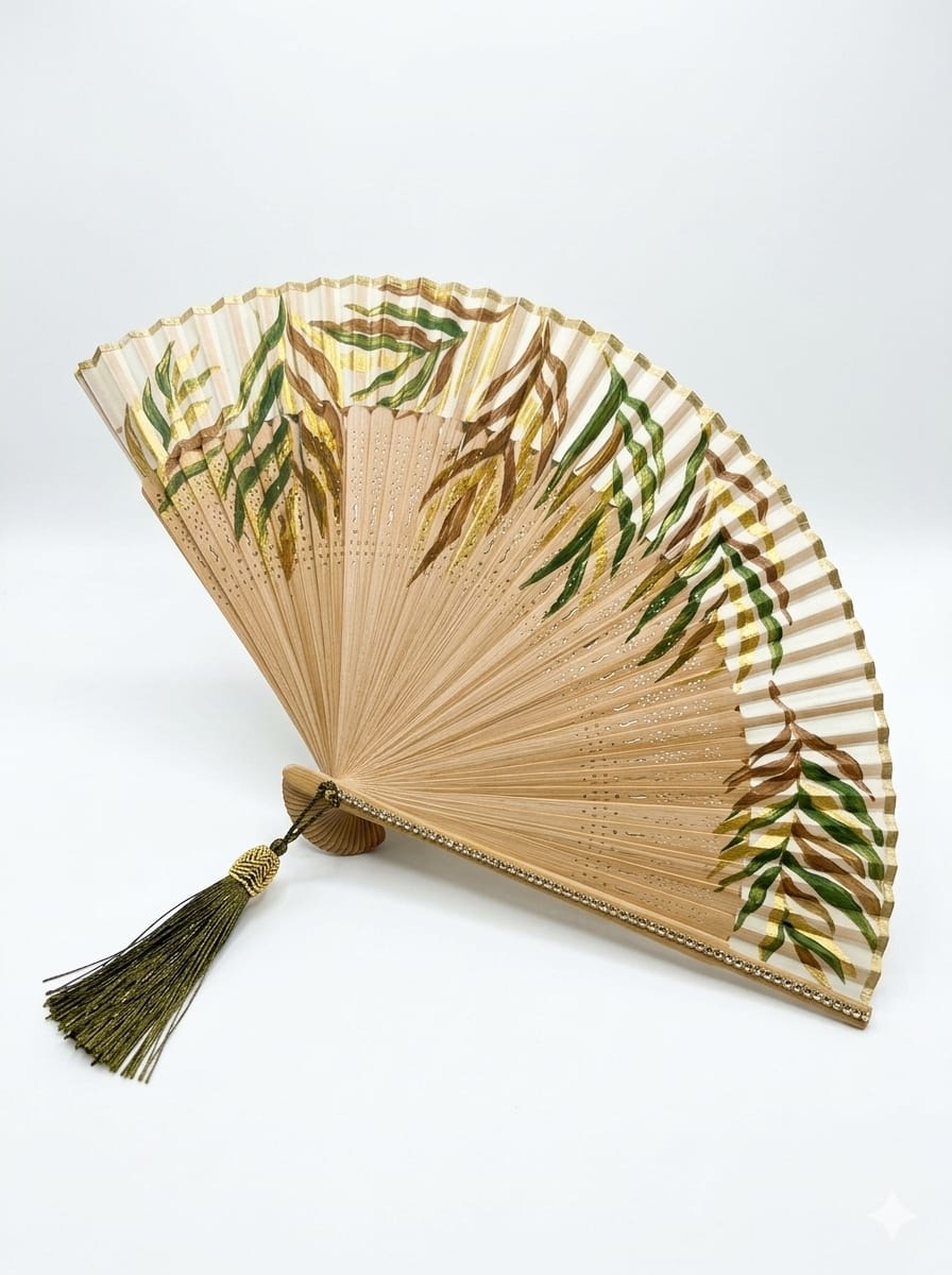 🤍🌿 Hand-Painted Beige Fan – Botanical Leaves & Crystal Details