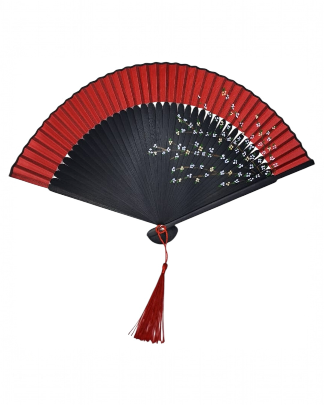🎋 Hand-Painted Folding Fan – Crimson & Midnight Blossom