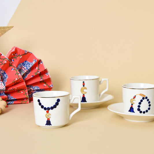 Egyptian Khayamiah Beaded Crescent with Gold Leaf – Turkish Coffee Cups Set of Six