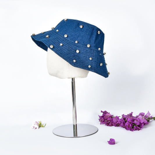 Dark Blue Denim Fisherman Hat with Rhinestones