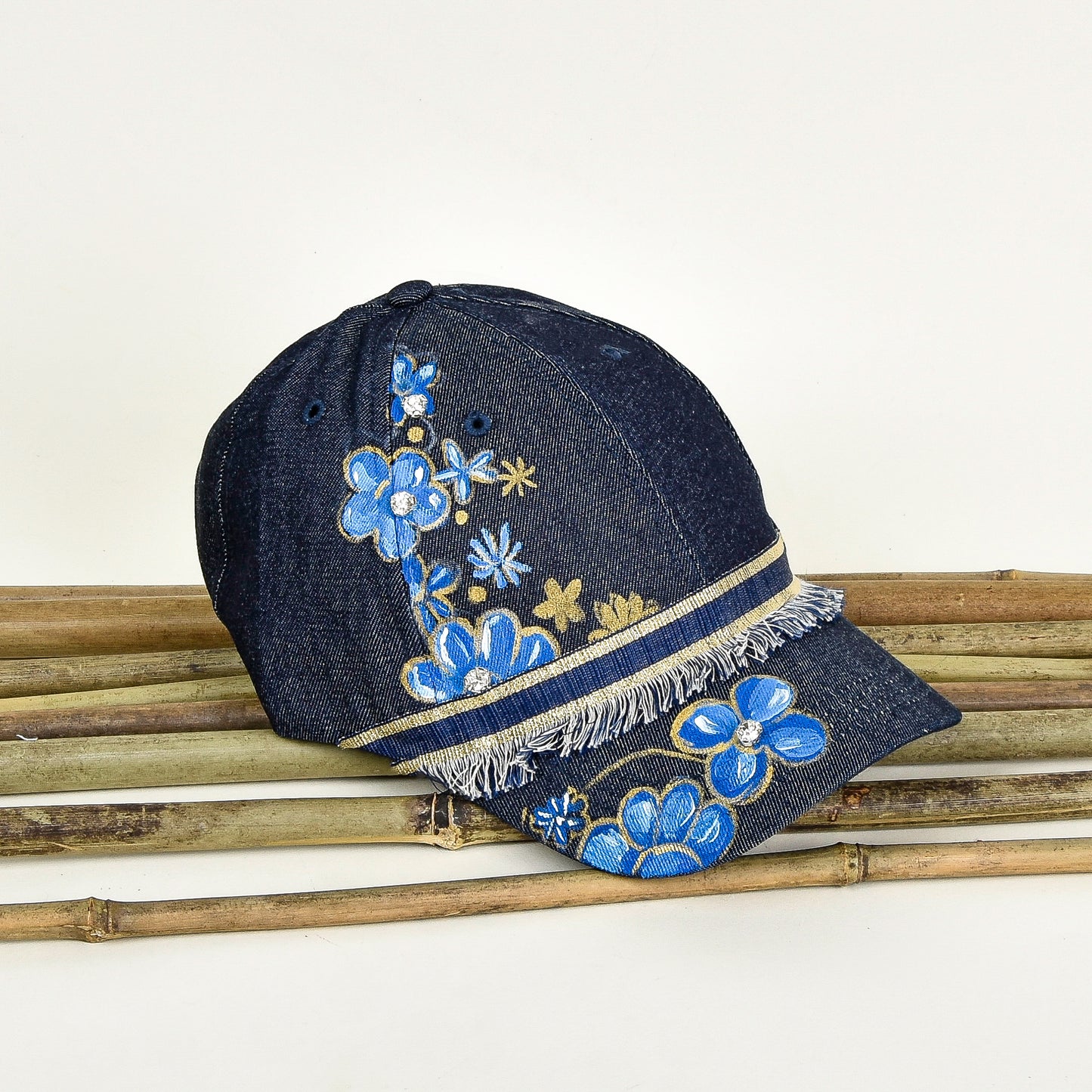 Denim Hand Painted Cap With Gold Fringes & Rhinestones